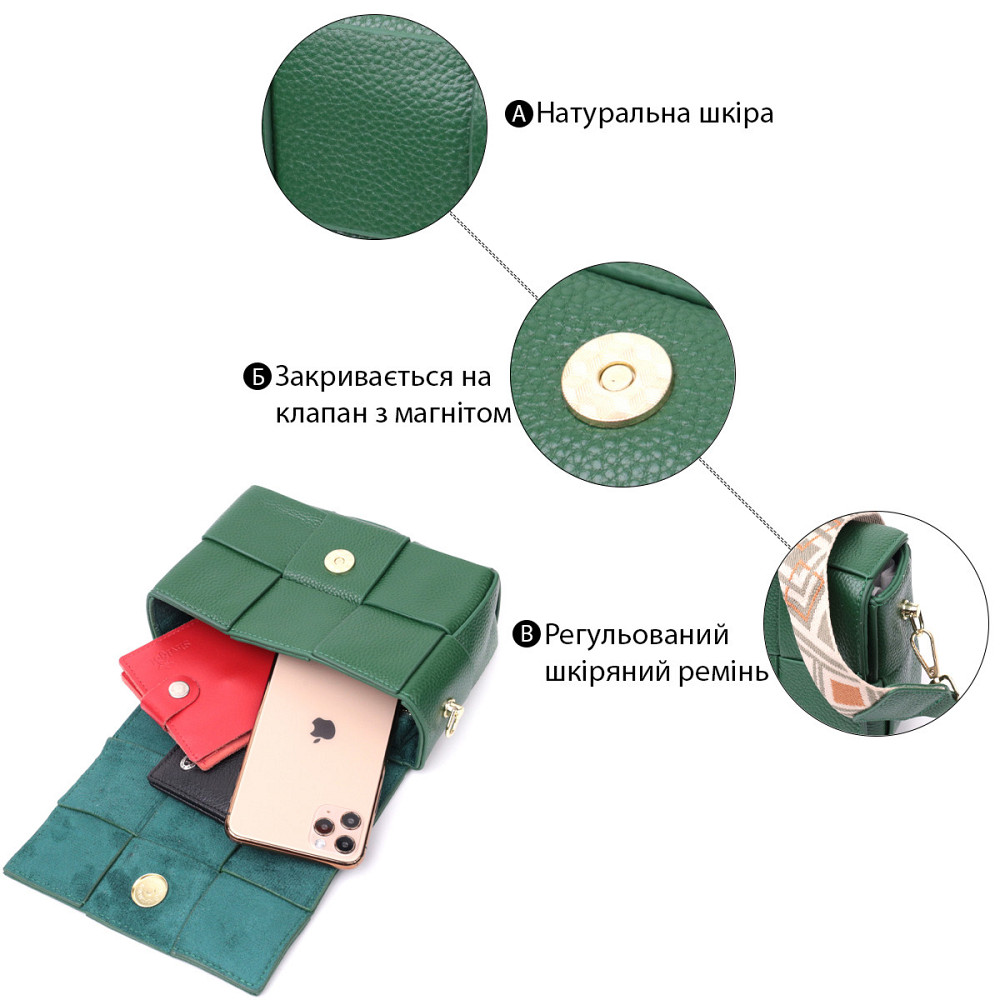 Компактная вечерняя сумка для женщин с переплетами из натуральной кожи Vintage 22312 Зеленая Киев - изображение 4