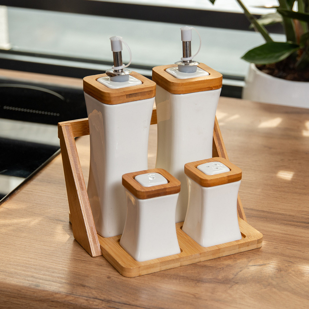 Yiwu Набір для спецій порцелянаовий 4 предмети на бамбуковій підставці HP-1221 Коломия - фото 7