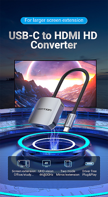Перехідник USB 3.1 Type-C --> HDMI (F), 4K 30HZ, кабель 0.15м, Vention сірий Вінниця - фото 2