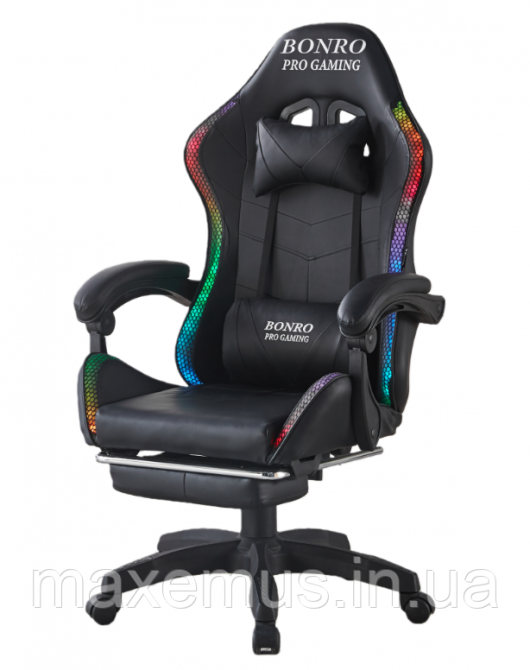 Игровое геймерское кресло Bonro B-144 Черное с RGB-подсветкой, массажем и подножкой для ПК Мостиська - фото 11