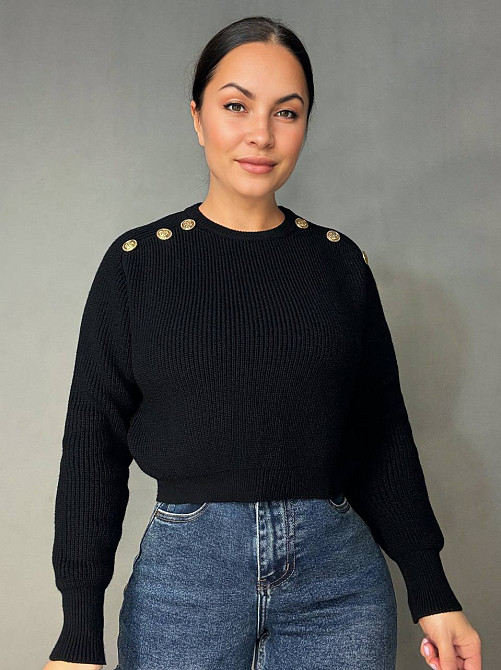 Свитер женский MIX RAY 6733 укороченный с золотыми пуговицами на плечах, черный, one size Киев - изображение 17