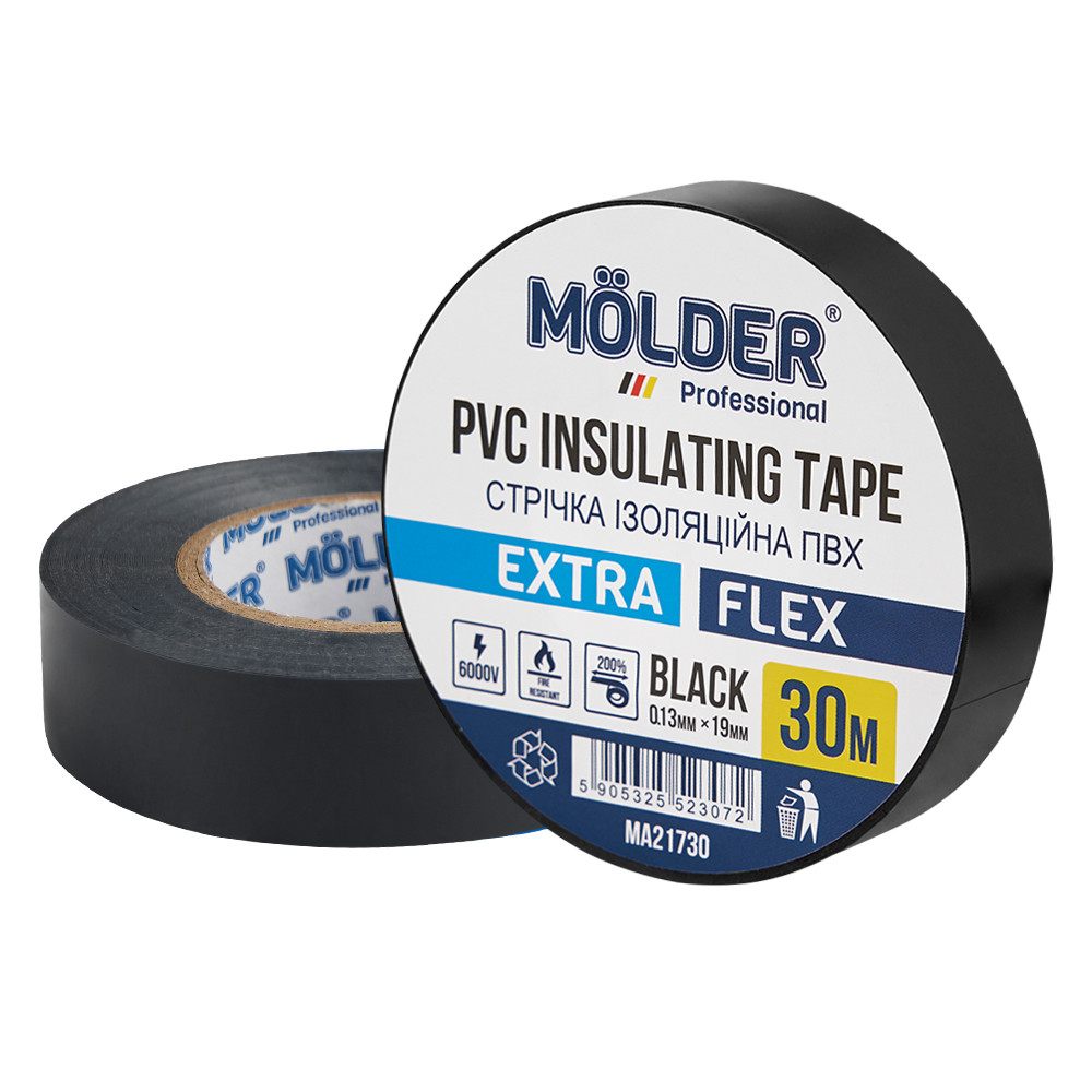 Стрічка ізоляційна ПВХ Molder 0,13x19мм 30м чорна, професійна, вогнетривка Львів - фото 1