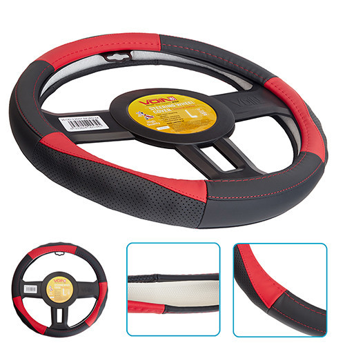 Чохол на кермо VLOD-L2607 BK/RD L чорний-червоний шкіра з бічними вставками Харків - фото 1