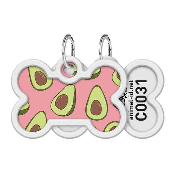 Адресник для собак і котів металевий WAUDOG Smart ID з QR паспортом, малюнок "Авокадо 2", кістка, Д 40 мм, Вінниця