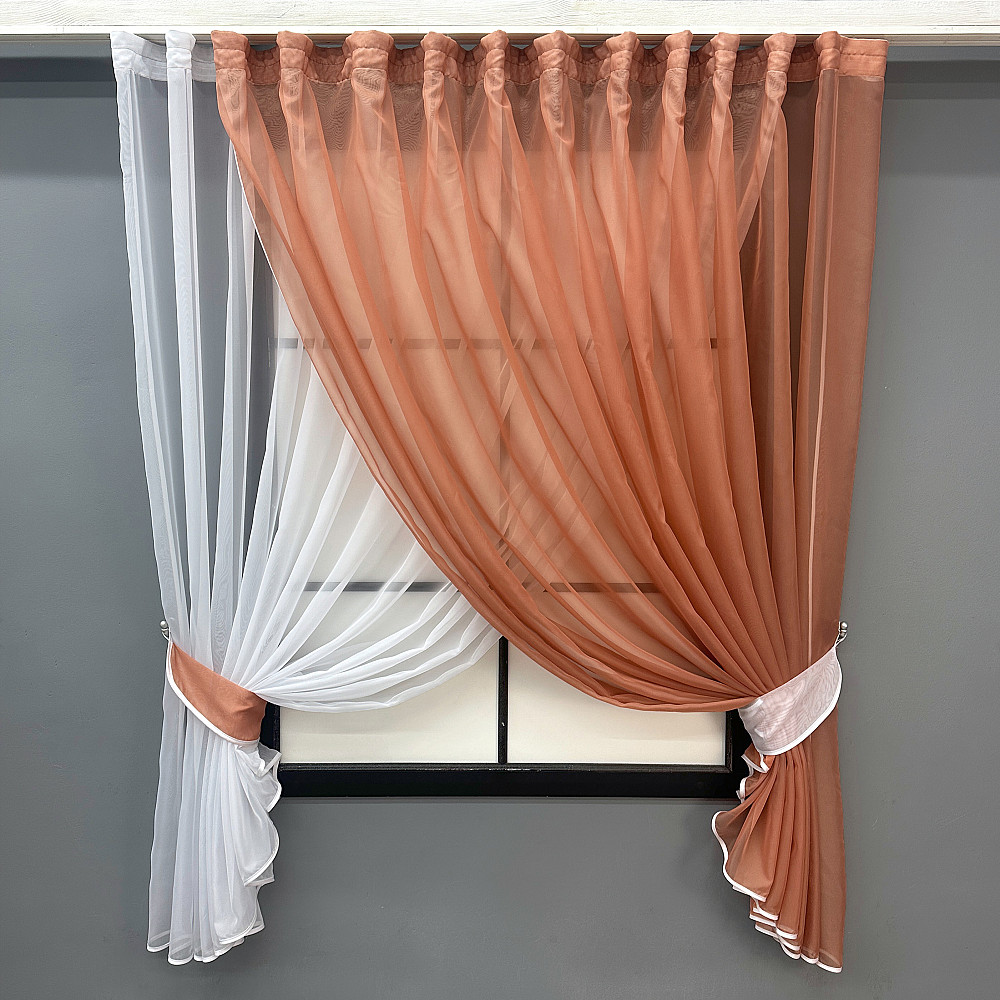 Кухонные шторки VR-Textil № 060к «Дуэт» с подвязками пудровый с белым 330х170 см (52-1189) Киев - изображение 1