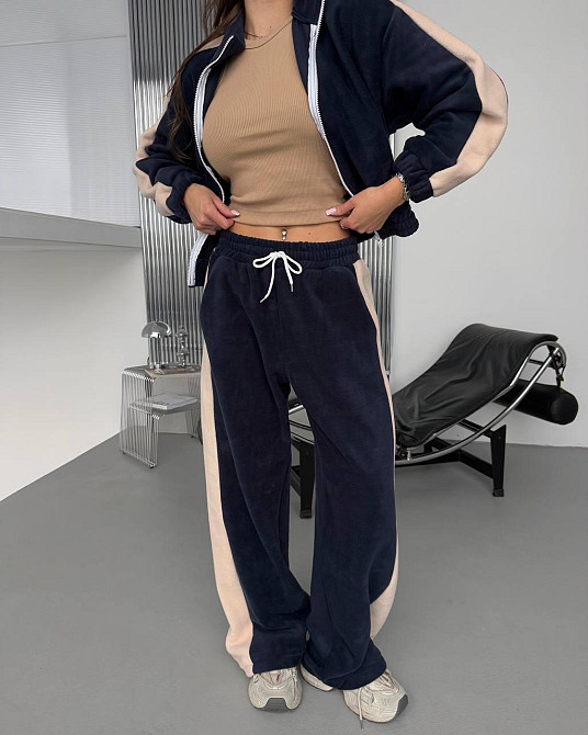 Жіночий теплий повсякденний костюм із лампасами, двобічний фліс Синій Одеса - фото 6