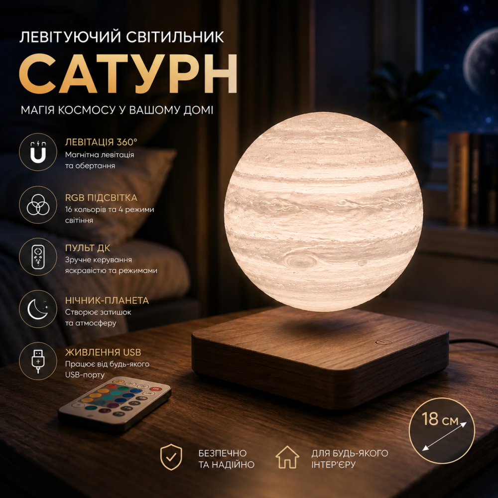 Левитирующий RGB светильник «Сатурн» 18 см с пультом дистанционного управления, магнитная левитация, ночник-планета, вращение 360° Киев - изображение 10