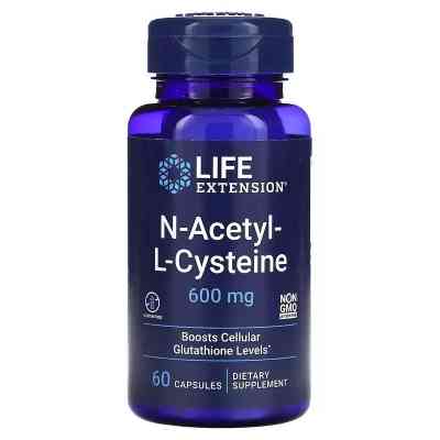 Амінокислота Life Extension N-ацетил-L-цистеїн, 600 мг, NAC N-Acetyl-L-Cysteine, 60 капсул (LEX-15436) Вінниця