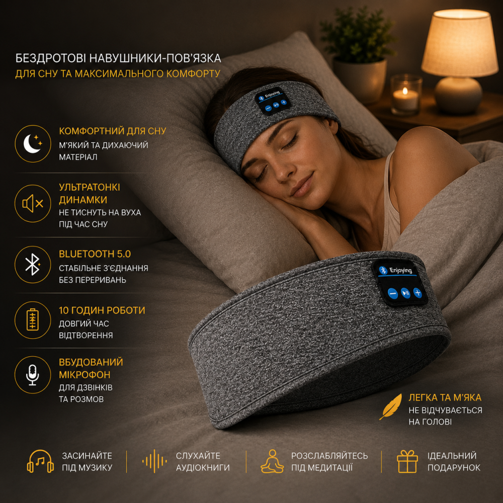 Беспроводные Bluetooth наушники-повязка для сна и спорта с микрофоном SleepBand BT 5.0, 10 часов работы, Серая Киев - изображение 11