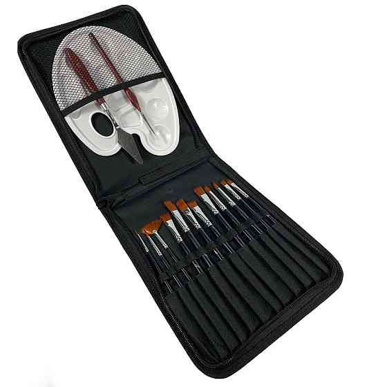 Набір професійних нейлонових пензлів з палітрою та мастихіном в чорному пеналі, 15 шт Кам'янець-Подільський