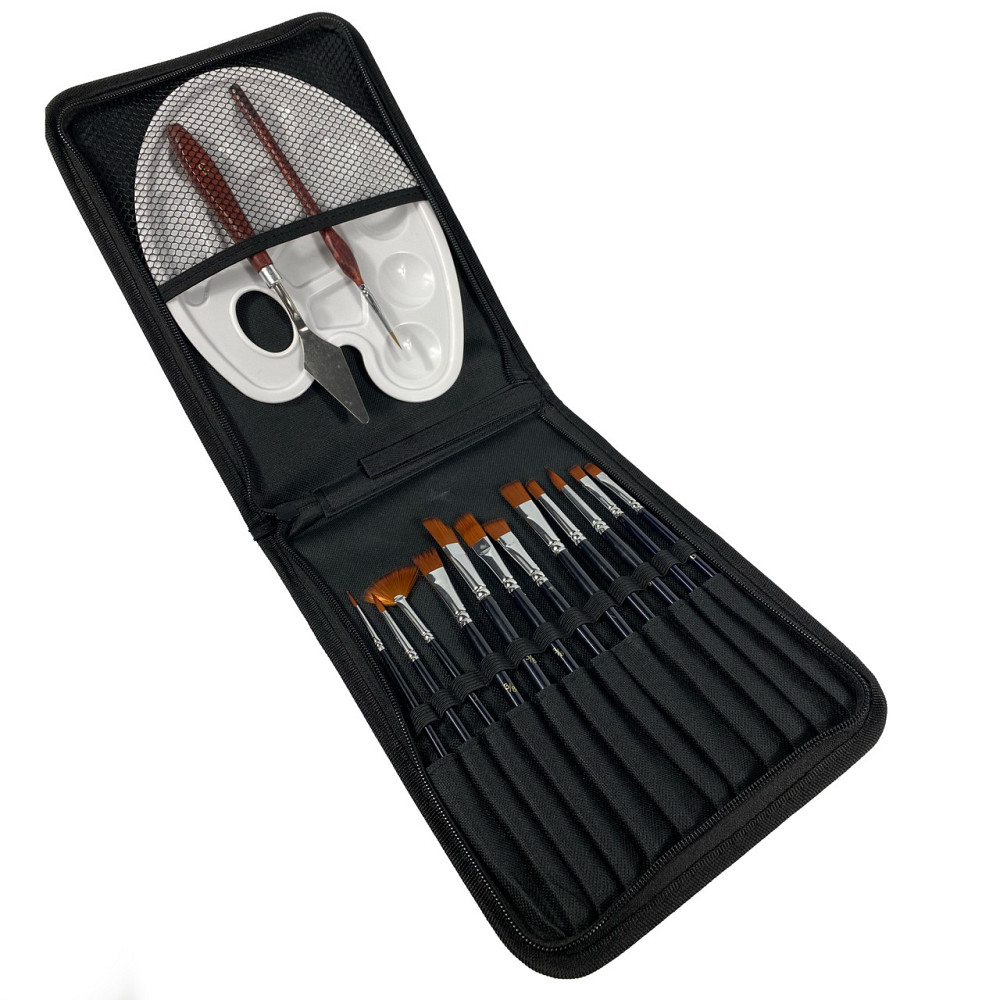 Набор профессиональных нейлоновых кистей с палитрой и мастихином в черном пенале, 15 шт Каменец-Подольский - изображение 2