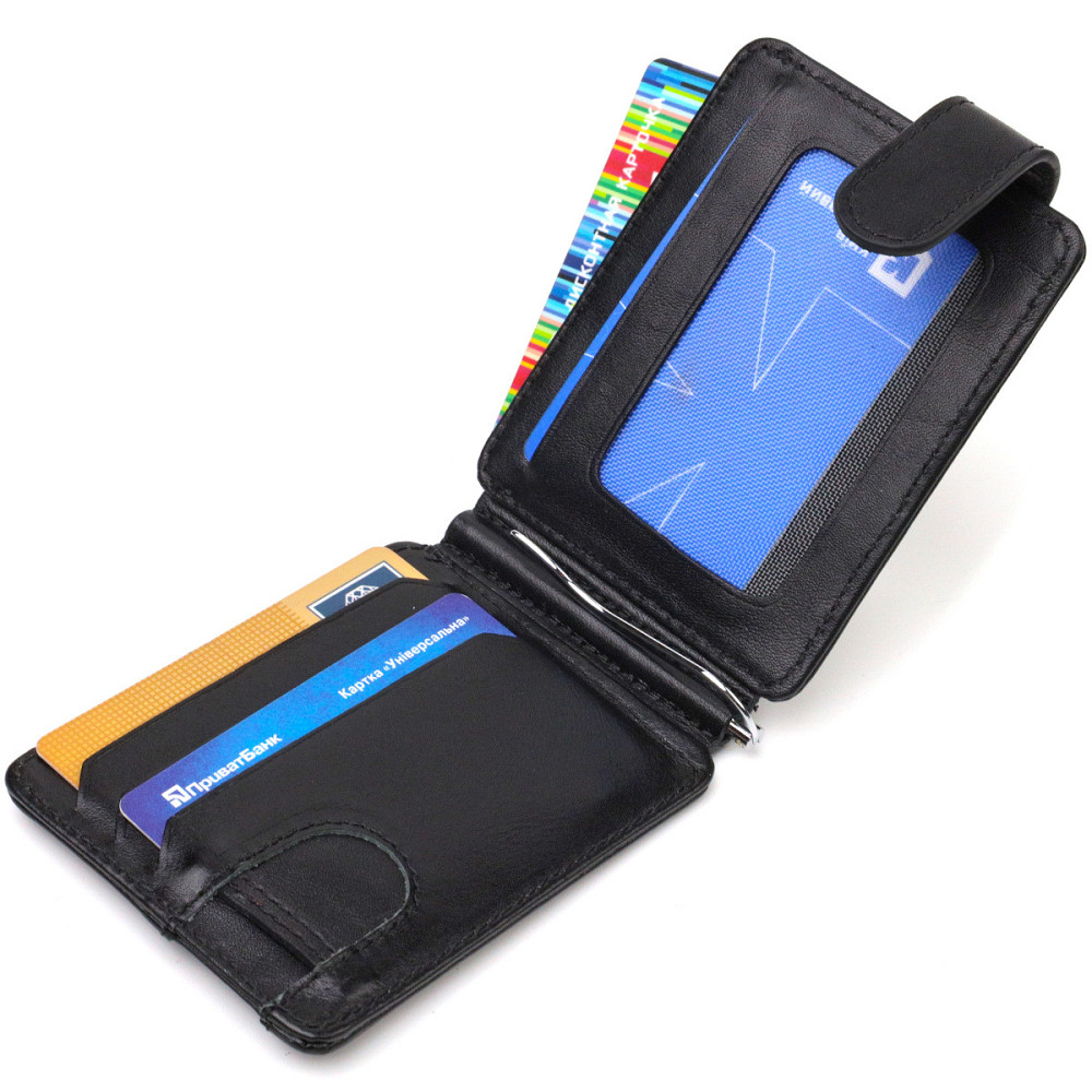 Класичний надійний затискач для грошей з натуральної гладкої шкіри CANPELLINI 21939 Чорний Київ - фото 4