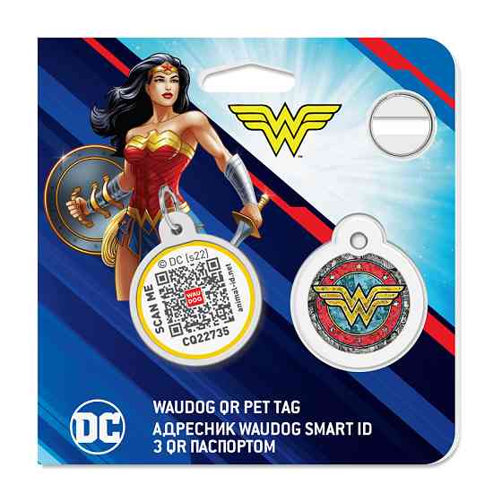 Адресник для собак і котів металевий WAUDOG Smart ID з QR-паспортом, малюнок "Диво-жінка 2", коло, Д 25 Вінниця