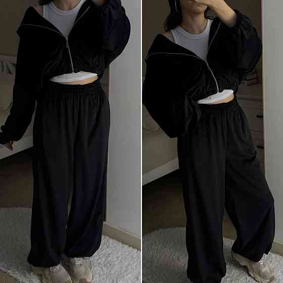 Женский трендовый оверсайз костюм двойка: кофта и штаны велюр Черный Одесса