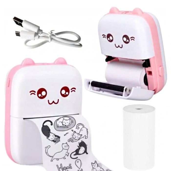Мини принтер для детей + бумага + фломастеры (Набор 13 рулонов) Розовый Киев - изображение 1