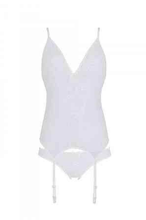 Корсет із пажами, трусики з ажурним декором та відкритим кроком Passion URSULA CORSET L/XL, white Sex Aura Київ
