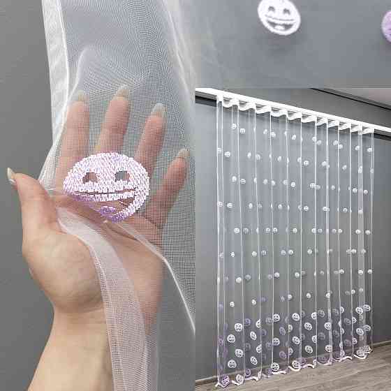 Тюль VR-Textil 1573т Фатин с вышивкой Смайлики Белый с сиреневым 300х270 см (42-0522) Киев