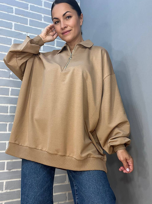 Свитшот женский MY CITY 8779 супер оверсайз свободный воротник молния one size, капучино, one size Киев - изображение 1