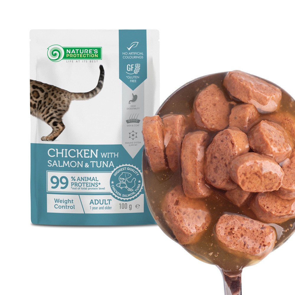 Nature’s Protection Adult cats Weight Control Chicken with Salmon & Tuna Вологий корм для котів для контролю ваги з куркою, лососем і тунцем, 100  Київ - фото 6