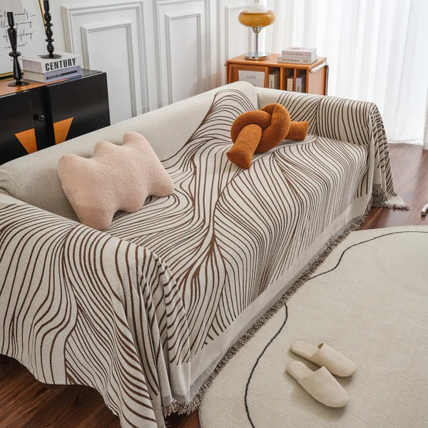 Плед покривало на диван або ліжко, чохол накидка 180х230 см для м'яких меблів, бежевий в коричневу смугу Кам'янець-Подільський - фото 1