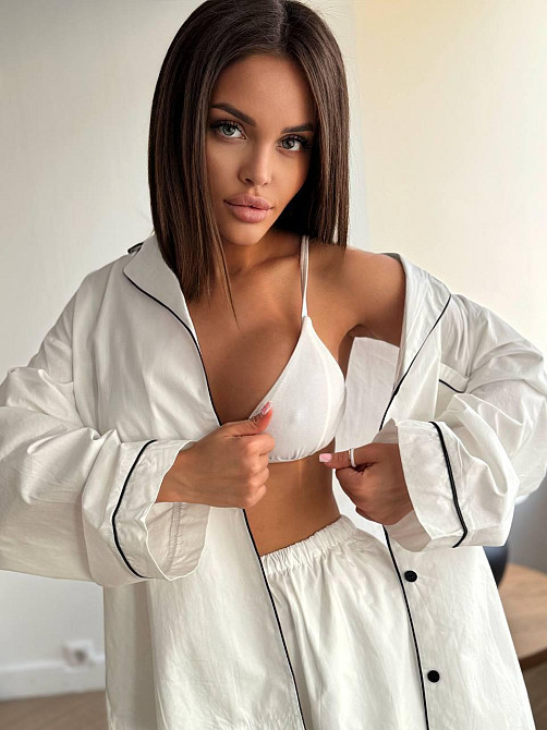 Жіночий літній костюм-двійка: сорочка та шорти в піжамному стилі натуральний льон Білий Одеса - фото 6