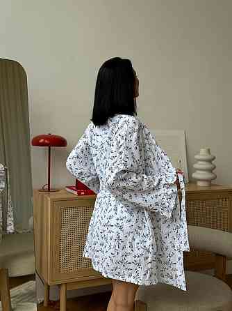 Женская нежная пижама-тройка из муслина: шорты, топ, халат с поясом Молочный 2 Одесса