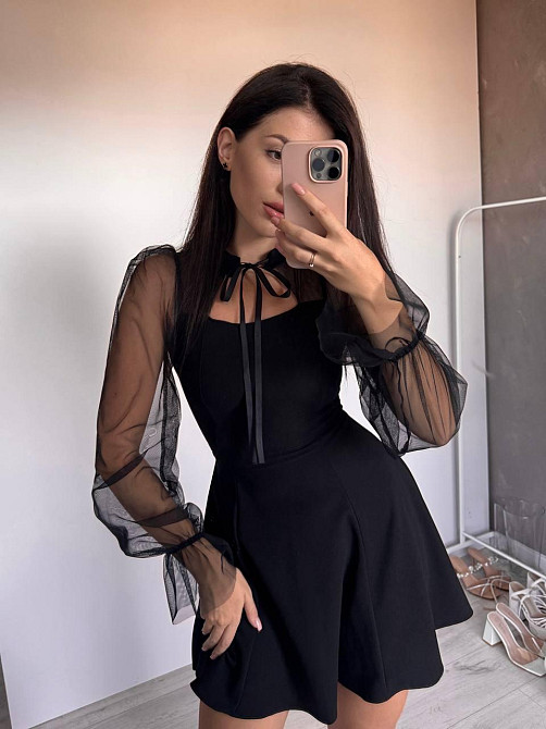 Женское нежное платье с рукавами из сеточки креп дайвинг Черный, 46/48 Одесса - изображение 3