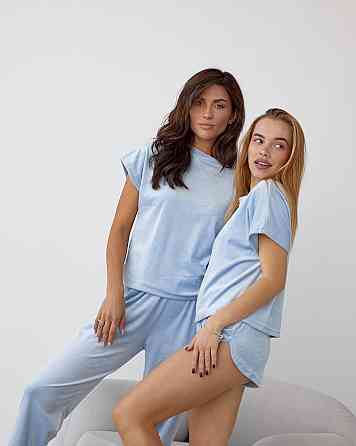 Піжама-комплект (футболка + шорти + штани) з плюшевого велюру Блакитний XXL Харків