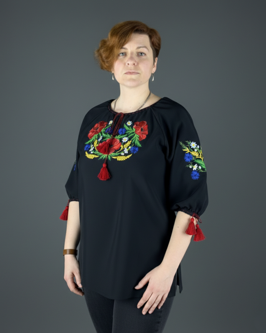 Жіноча чорна натуральна вишиванка «Мак-волошка» польові квіти 58 Київ - фото 1