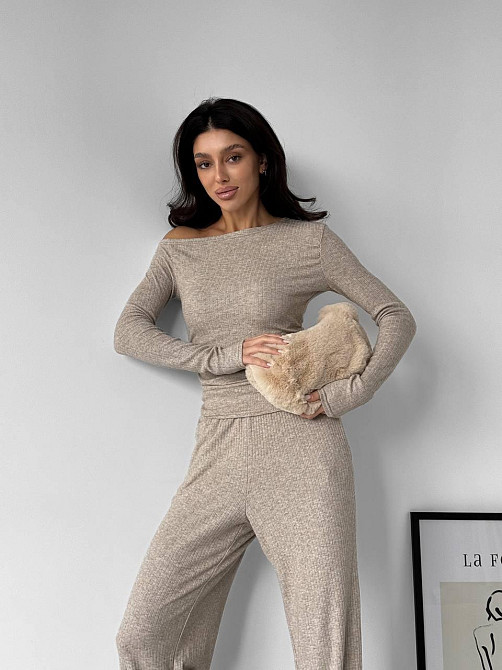 Женский базовый костюм двойка: лонгслив и брюки ангора рубчик Беж, 42/44 Одесса - изображение 7