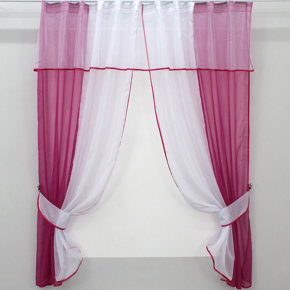 Кухонні штори VR-Textil № 090к з ламбрекеном і підв'язками малиновий з білим 280х170 см (50-598) Київ - фото 1