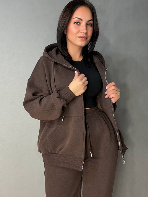 Костюм жіночий A-N 27066 спортивний оверсайз худі на блискавці та джогери коричневий, коричневий, S Київ - фото 10