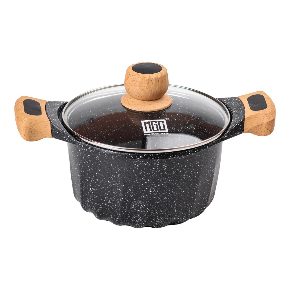 Алюмінієва каструля об'ємом 3 літри з кришкою Ø 20 см. Мармур з антипригарним покриттям MGC чорний HP-4-432B Коломия - фото 1