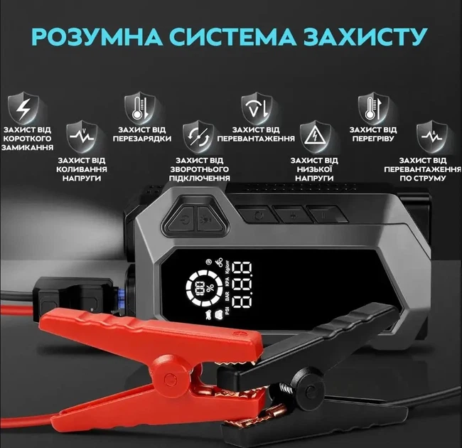 Пускозарядний пристрій Jump Starter 4 в 1 10000 мА·год ART9556 (компресор, повербанк, ліхтарик) Чорний Київ - фото 3