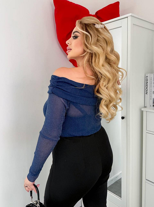 Жіноче привабливе блискуче боді з відкритими плечима сітка із золотим напиленням Синій, 42/44 Одеса - фото 3