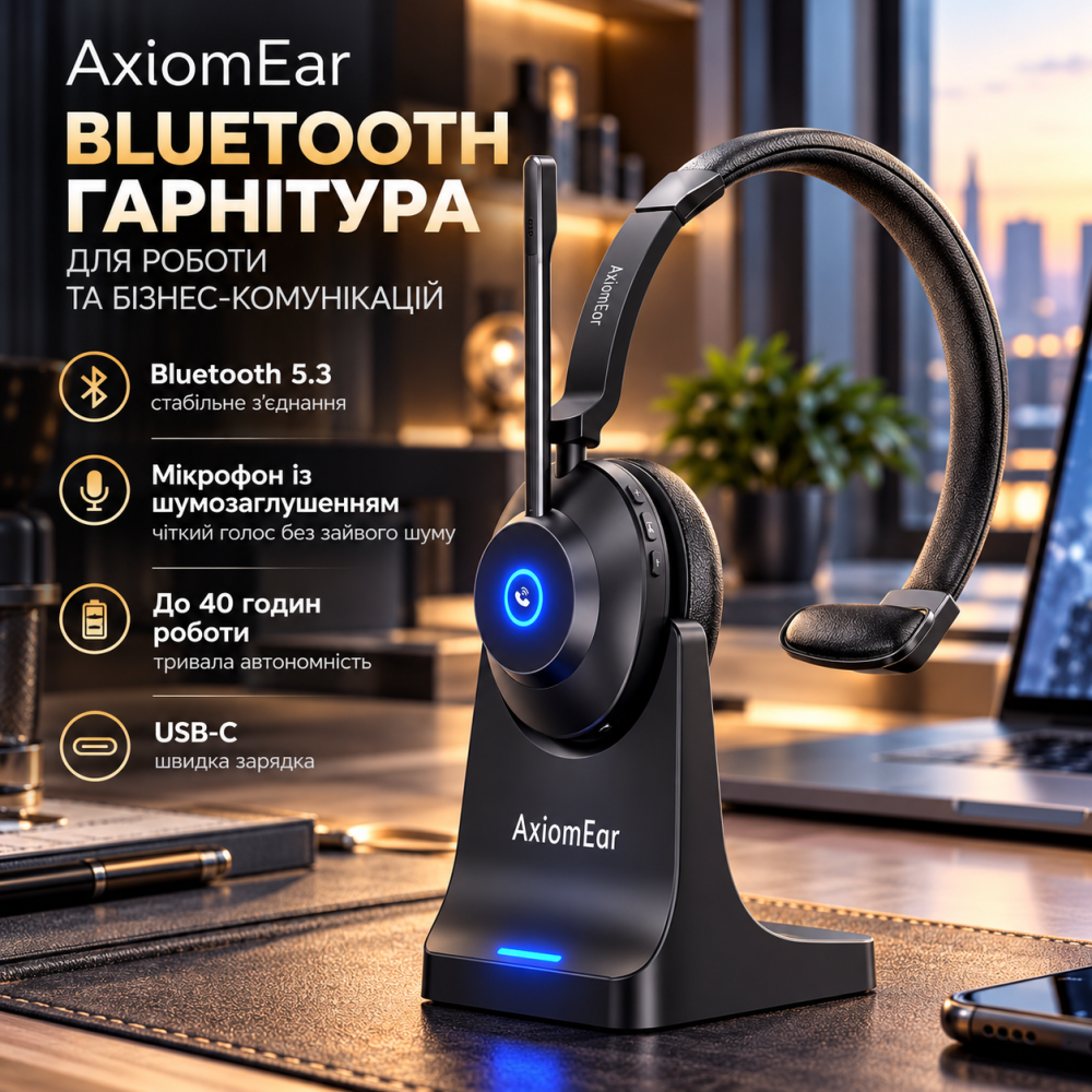 Bluetooth-гарнитура AxiomEar для работы, Bluetooth 5.3, микрофон с шумоподавлением, 40 часов работы, USB-C, черная Киев - изображение 1