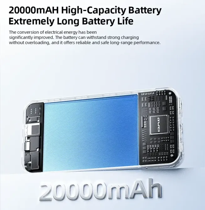 Зовнішній акумулятор Power Bank AWEI PA-92 20000 мА·год 22.5W QC3.0 PD дисплей швидка зарядка, LED індикатор QC Одеса - фото 8