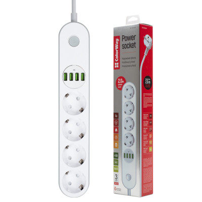 Сетевой фильтр питания ColorWay CW-CHE44W, 4 розетки/4USB White 2M (CW-CHE44W) Винница - изображение 4