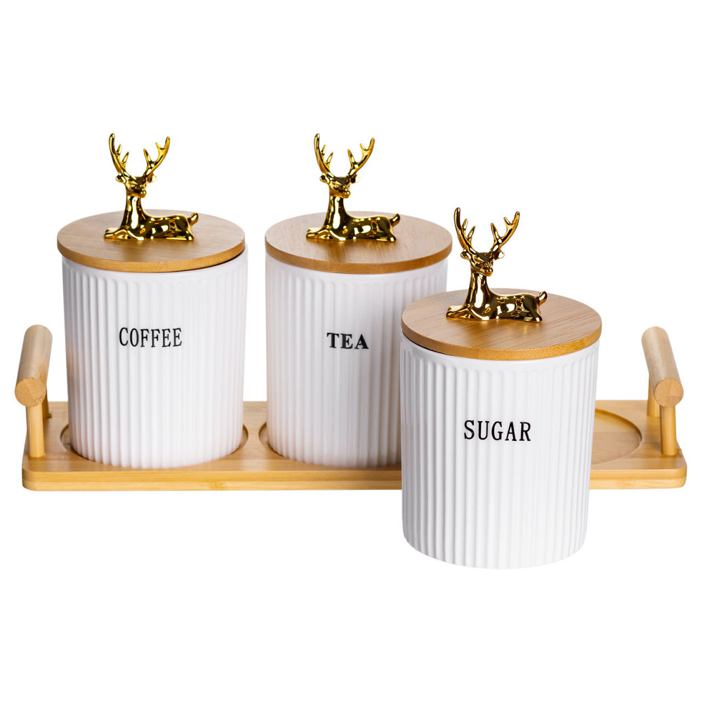 Набір порцелянових банок для сипучих продуктів на підставці з ручками 3 шт по 400 мл SCT-650 Київ - фото 3