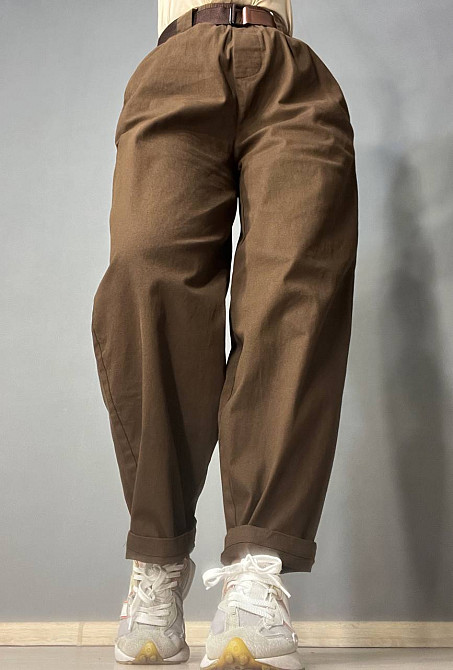 Брюки женские A-N 712 МОМ jeans широкие бананы облегченный тонкий коттон с ремнем коричневые, коричн Одесса - изображение 1