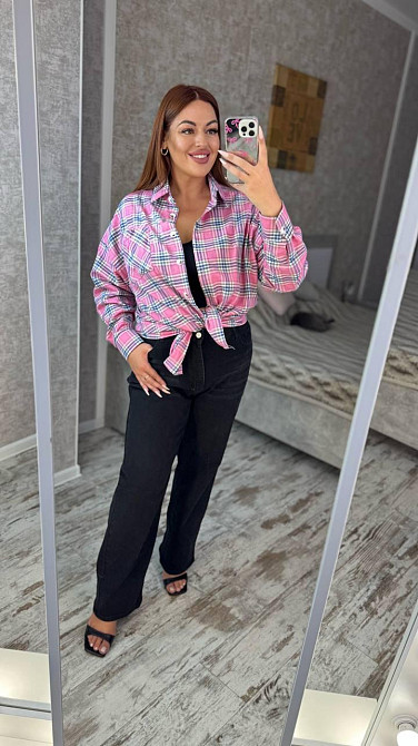 Женская оверсайз рубашка в клетку турецкая фланель Розовый, 50/56 Одесса - изображение 6