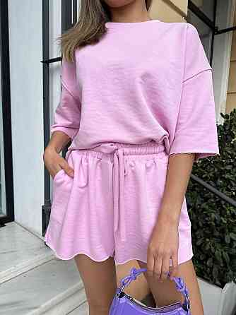 Жіночий повсякденний прогулянковий костюм-двійка: футболка та шорти турецька петля пеньє 100% бавовна Рожевий, 46/48 Одеса