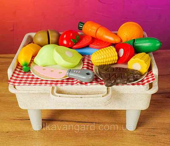 Ігровий набір Барбекю продукти на липучках на мангалі (29 предметів, посуд, ніж, у валізі) Хмельницький