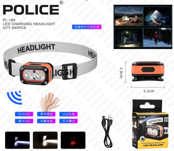 Налобний ліхтар PL-184, YD-08, холодне, тепле, червоне світло, ЗУ Type-C, сенсор Дніпро