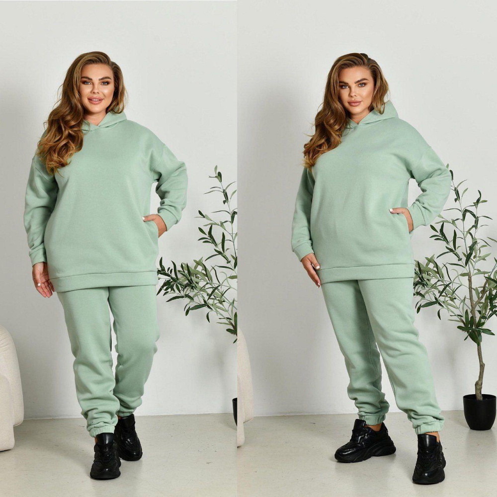 Женский прогулочный костюм: худи и штаны батал в спортивном стиле трехнитка на флисе Фисташковый, 52/54 Одесса - изображение 1