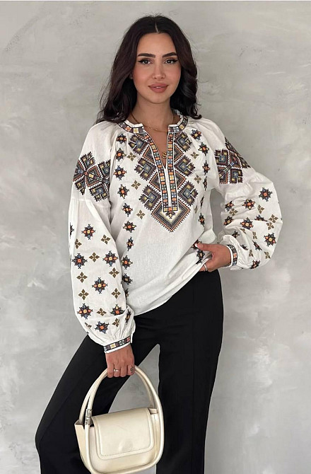 Женская современная вышиванка с объемным рукавом домотканый лен Белый, 48 Одесса - изображение 5