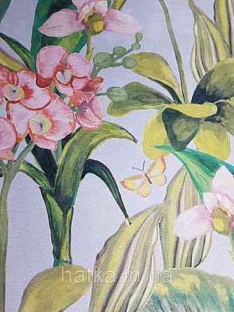 Шпалери вінілові Decoprint Breeze листя метелики квіти орхідеї лілії червоні бузкові на блакитному 0.53х10 м Київ