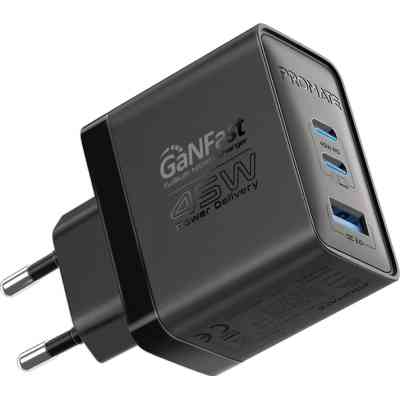 Зарядное устройство Promate powerport-45 2xUSB-C PD + USB-A QC 45W Black (powerport-45.black) Винница