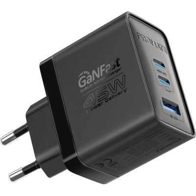 Зарядное устройство Promate powerport-45 2xUSB-C PD + USB-A QC 45W Black (powerport-45.black) Винница - изображение 1