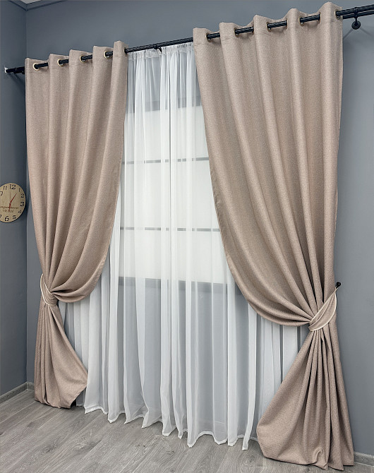 Комплект штор на люверсах VR-Textil Лен ELEMENTA № 1869ш Бежевый 150х270см 2 шт (37-0271) Киев - изображение 3